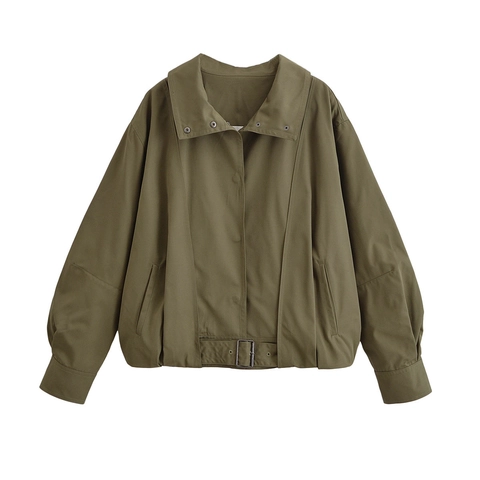 Giacca Bomber Oversize Da Donna Verde Oliva Twill Cappotto Da Volo Corto Con Orlo A Fibbia Bottone A Pressione