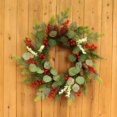 Corona De Navidad Bayas Rojas Eucalipto Piñas Naturales Decoración De Puerta De Entrada Rústica Invierno