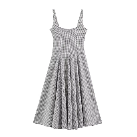 Women Plaid Midi Dress Sleeveless Strap Square Neck A-Line High Waist Retro Gingham Polyester Elegant Swing Dress