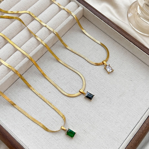 Minimalist Rectangle Cubic Zirconia Pendant Snake Bone Chain Necklace Titanium Steel Gold Plated Elegant Jewelry Women