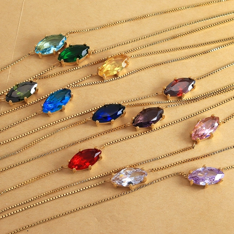 Stainless Steel 12 Constellations Marquise Rhinestone Pendant Necklace For Women Lucky Color Box Chain Jewelry Gift