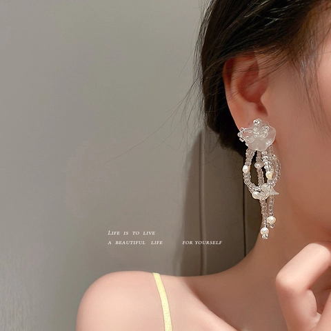 Beaded Bowknot Blume Lange Quaste Drop Ohrringe Mit 925 Sterling Silber Ohrstecker Acryl Künstliche Perle Schmuck Für Frauen