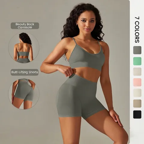 Nahtloses Rippen Yoga Sport BH Und Hohe Taille Po Lifting Shorts Workout Gym Fitness Activewear Outfit Für Damen