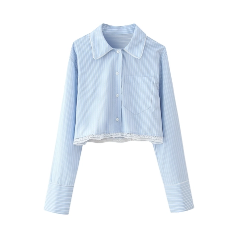 Ensemble Jupe Rayé Bleu Clair Pour Femmes Chemise Courte À Manches Longues Et Mini Jupe Plissée Avec Bordure En Dentelle Blanche Style Preppy