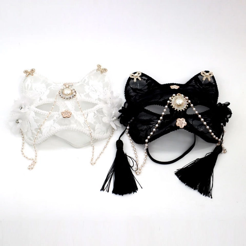 Spitze Katzenmaske Maskeraden Augenmaske Mit Strass Künstliche Perlen Quasten Kunstpelz Sexy Cosplay Halloween Party Zubehoer