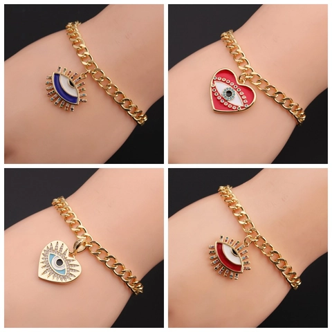 Evil Eye Herz Charm Armband Kupfer Panzerkette Mit Zirkon Und Emaille Für Frauen Mädchen Verstellbarer Schmuck