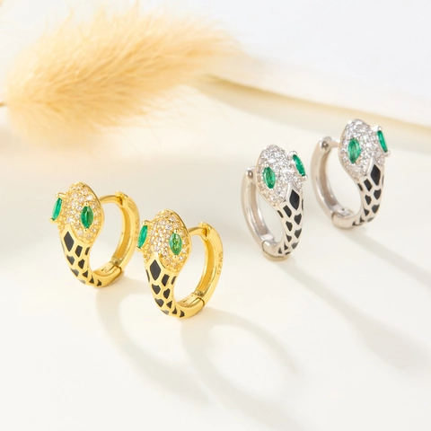 925 Sterling Silver Snake Hoop Earrings Vintage Enamel Animal Rhinestone Inlaid Gold Silver Plated Fashion Women Jewelry
