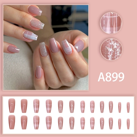 Uñas Postizas A Presión Largas Coffin Ballerina Taro Púrpura Brillo Patrón De Cuadros Uñas Artificiales Brillantes Para Mujeres