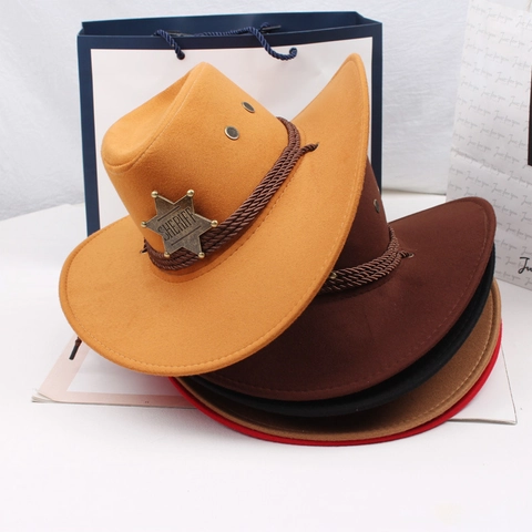 Retro Western Cowboy Hat With Sheriff Star Badge Faux Suede Wide Brim Fedora For Outdoor Travel Sun Protection Unisex Hat