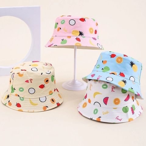 Kids Bucket Hat Polyester Fruit Print Summer Beach Sun Protection Wide Brim Outdoor Girls Boys
