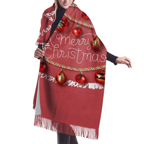 Women Christmas Theme Scarf Warm Cashmere-like Polyester Printed Festive Shawl With Tassels Holiday Winter Accessories