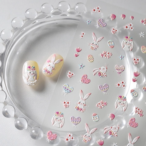 Süße Kaninchen Nagelsticker 5D Geprägt Klebend Herz Blume Ostern Aufkleber Für Frauen