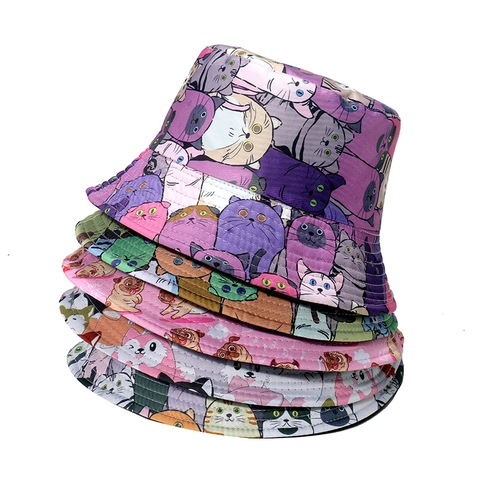 Bucket Hat Polyester Cute Cat Print Sun Protection Foldable Summer Outdoor Travel Casual Women Accessory