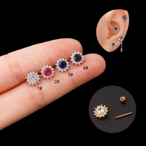 Sunflower Ear Cartilage Stud Stainless Steel Rod Copper Micro Set Zircon Screw Back Piercing Jewelry For Women