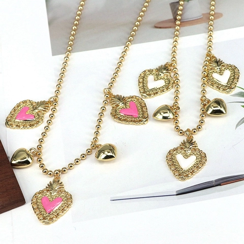 Heart Pendant Necklace Copper Gold Plated Enamel Bead Chain Baroque Retro Sweet Jewelry For Women Fashion Accessory