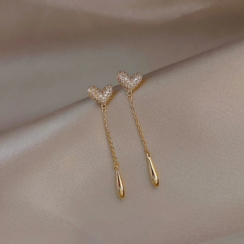 Elegant Heart Tassel Stud Earrings For Women With 925 Sterling Silver Post Gold Plated Copper Rhinestone Dangle Jewelry