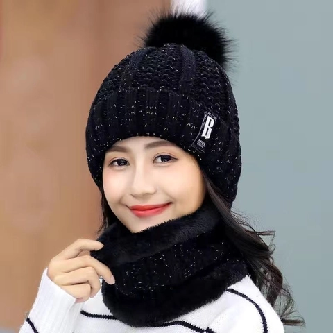 Women Winter Knitted Beanie Hat And Neck Scarf Fleece Lined Warm Windproof Pom Pom Fashion