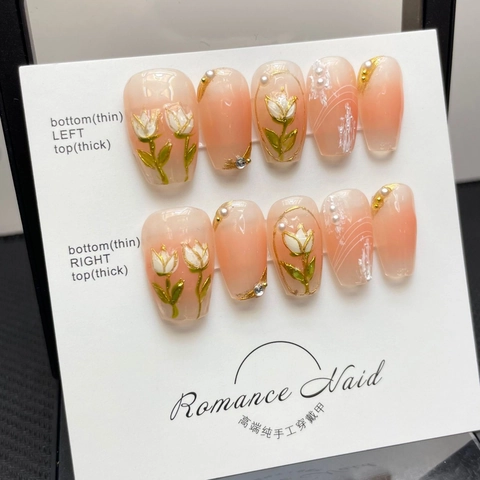 Handgemachte Dimensionale Tulpen Künstliche Nägel Rosa Farbverlauf Sargform Perlen Strass Elegante Französische Falsche Nägel Damen