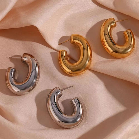 Orecchini A Cerchio Spessi A Forma Di C In Rame Placcato Oro 18K Geometrici Cavi Lucidi Da Donna