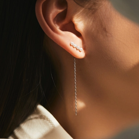 925 Sterling Silver Long Tassel Chain Earrings With Artificial Pearl Elegant Linear Drop Earrings For Women Fashion Jewelry