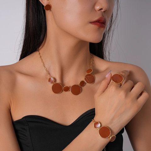Bijoux En Émail Géométriques Ronds Pour Femmes Vintage Minimaliste Alliage Cuivre Collier Boucles D'Oreilles Bracelet Bague