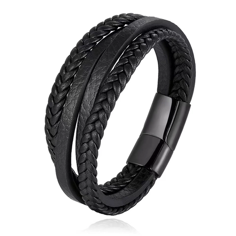 Men Multi Layer Braided Leather Bracelet Stainless Steel Magnetic Clasp Retro Punk Wristband Bangle