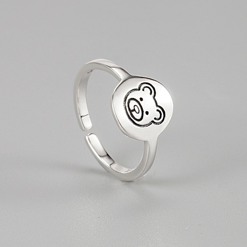 S925 Sterling Silver Cartoon Bear Open Ring Vintage Antique Finish Minimalist Adjustable Finger Ring For Women Cute Jewelry