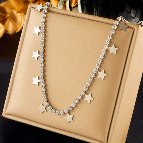 Collar Con Colgantes De Estrella De Acero Inoxidable Cadena De Tenis Con Strass Joyería Elegante Para Mujer
