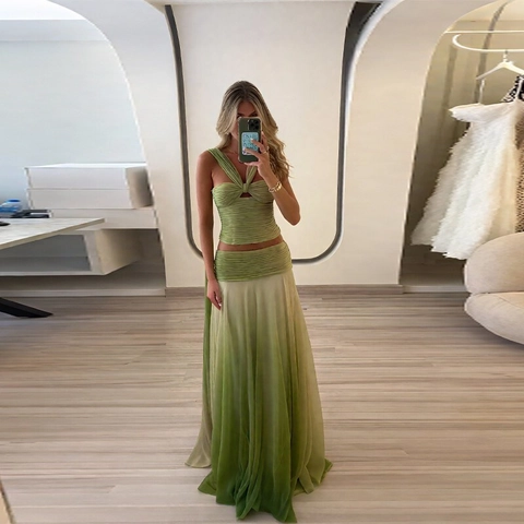 Haut Court Dos Nu Pour Femmes Et Jupe Longue Dégradée Polyester Plissé Dos Nu Vacances D'Été Vêtements Sexy