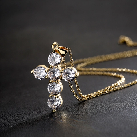 Collana Con Pendente A Croce In Rame Placcato Oro Vero Con Zircone Classica Catena Da Clavicola Religiosa Donna