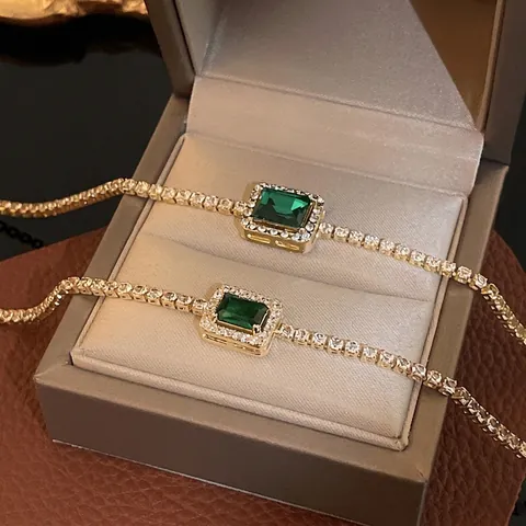 Bracciale Tennis In Zirconia Verde Smeraldo Donne Lusso Quadrato Geometrico Strass Gioielli Di Moda Vintage Accessorio