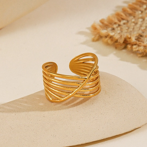 Anillo De Líneas Cruzadas Multicapa Minimalista De Acero Inoxidable Geométrico Hueco Apertura Ajustable Joyería Para Mujer