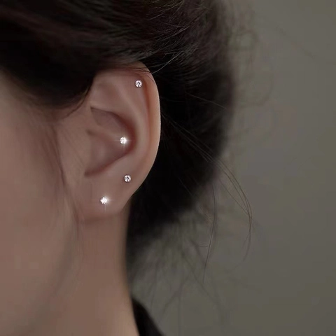 Minimalist Tiny Colorful Zircon Stud Earrings With Silver Earring Post Dainty Geometric Ear Bone Jewelry For Women