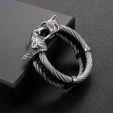 Bracelet Jonc Tête De Loup Acier Inoxydable Câble Tressé Style Punk Viking Homme Bijoux Animaux Vintage