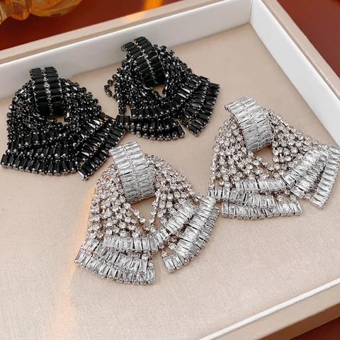 Bowknot Tassel Statement Earrings Rhinestone Copper With Silver Earring Post Exaggerated Luxury Fashion Jewelry Women