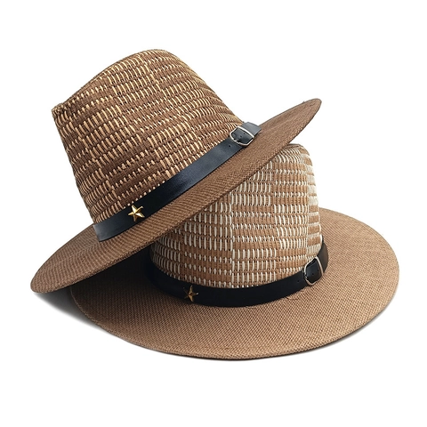 Fedora Strohhut Geflochtenes Papier Sonnenschutz Strand Sommer Breite Krempe Kunstlederband Metallstern Damen Herren
