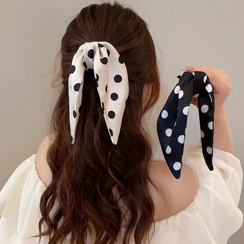 Polka Dot Bow Hair Claw Satin Fabric Large Shark Clip Ponytail Holder French Retro Elegant Style Women Hair Accessory