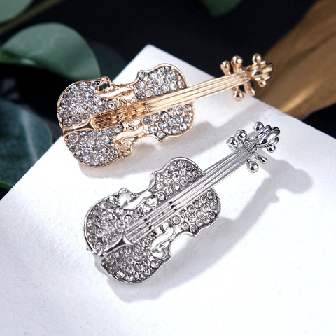 Elegant Violin Brooch Pin Alloy Full Rhinestone Musical Instrument Jewelry Fashion Accessory For Suits Dresses Music