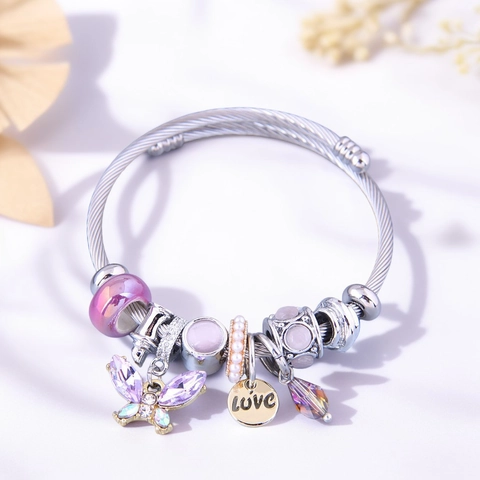Bracciale Rigido In Filo Acciaio Inossidabile Con Ciondolo Farfalla Cristallo E Perline Colorate Gioielli Moda