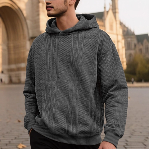 Men's Hoodie Jacquard Fabric Textured Long Sleeve Pullover Loose Fit Diamond Pattern Solid Color Casual Autumn