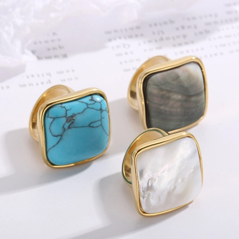 Square Geometric Signet Ring Stainless Steel Gold Plated Mother Of Artificial Pearl Turquoise Statement Jewelry For Women