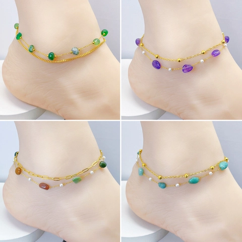 Bohemian Titanium Steel Double Layer Anklet With Natural Stone Chips And Artificial Pearl For Women Summer Beach Fashion Jewelry