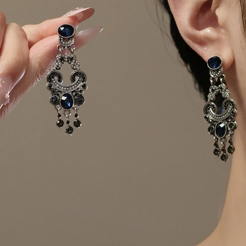 Pendientes Colgantes Barrocos Vintage Con Poste De Plata De Ley 925 Imitación De Perla Artificial Y Diamantes De Imitación Azules