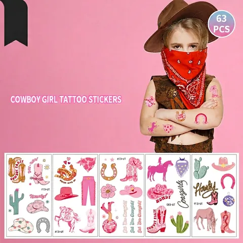 Kinder Temporäre Tattoo Aufkleber Rosa Cowboy Cowgirl Thema Westlichen Stiefel Hut Pferd Wasserdicht Körperkunst Partyartikel Mädchen