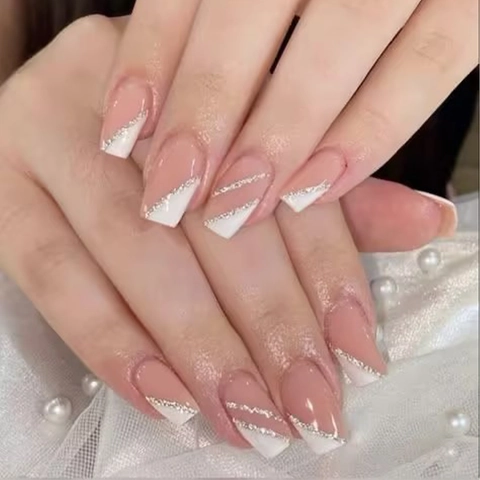 Elegant French Press On Nails Nude Pink White Diagonal Silver Glitter Line Coffin Shape Plastic Artificial Fake Nails