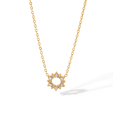 18K Gold Plated Stainless Steel Necklace For Women Round Circle Cubic Zirconia Pendant Inlaid Rhinestone Snake Chain