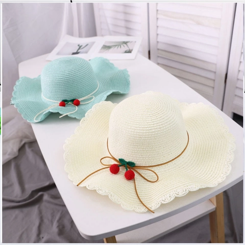 Women Wide Brim Paper Straw Sun Hat Wavy Edge Cherry Decoration Summer Beach Foldable Breathable Shading Vacation Hat Girls