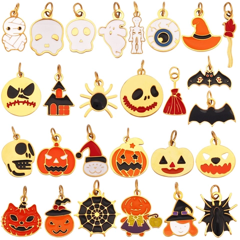 Dijes Colgantes De Acero Inoxidable Esmalte Halloween Navidad Calabaza Calavera Fantasma Para Accesorios De Fabricación De Joyas DIY