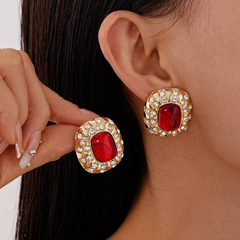 Orecchini A Lobo Stile Corte Vintage Con Pietra In Resina Rossa Strass Lega E Perno In Argento Per Donna