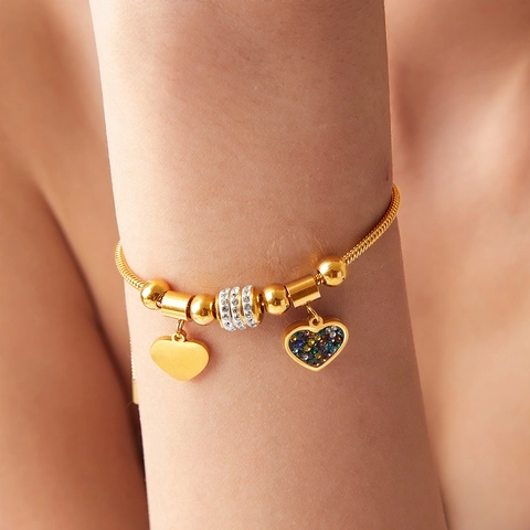 Heart Pendant Adjustable Snake Chain Bracelet Stainless Steel 18K Gold Plated Colorful Rhinestone Bolo Jewelry Women